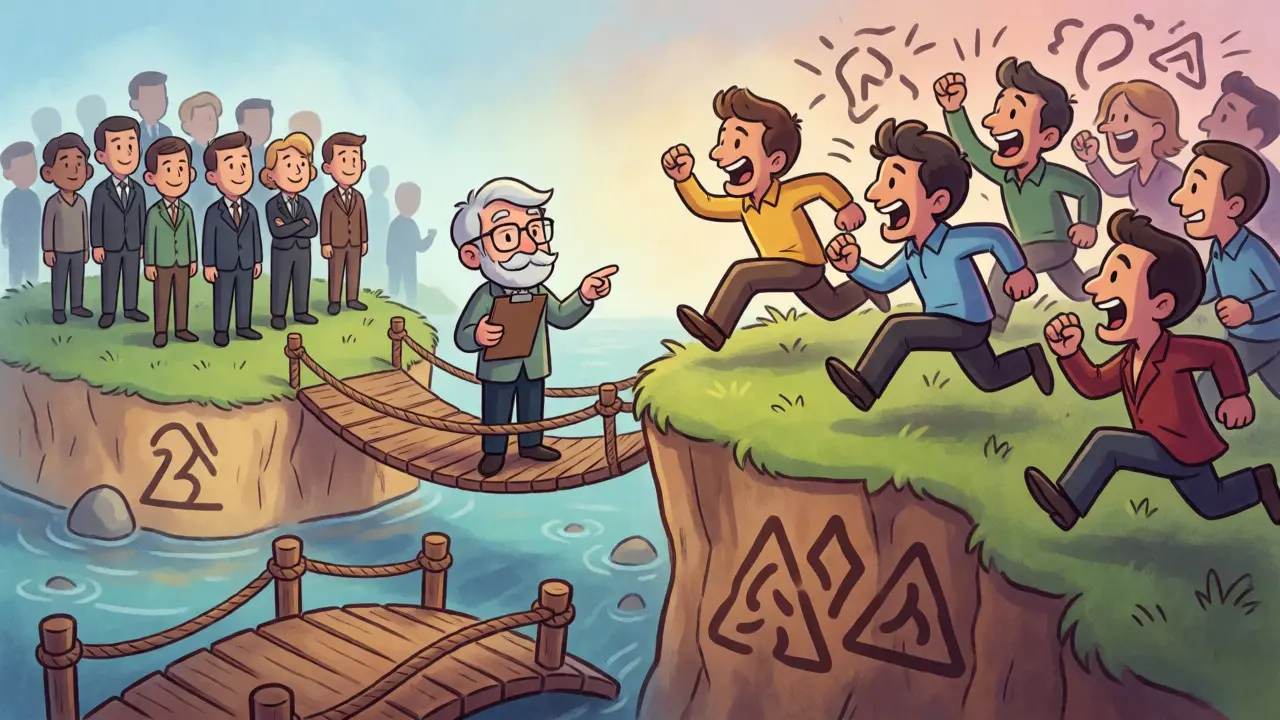 A wise investor guiding others across a bridge away from a chaotic crowd rushing toward a cliff.