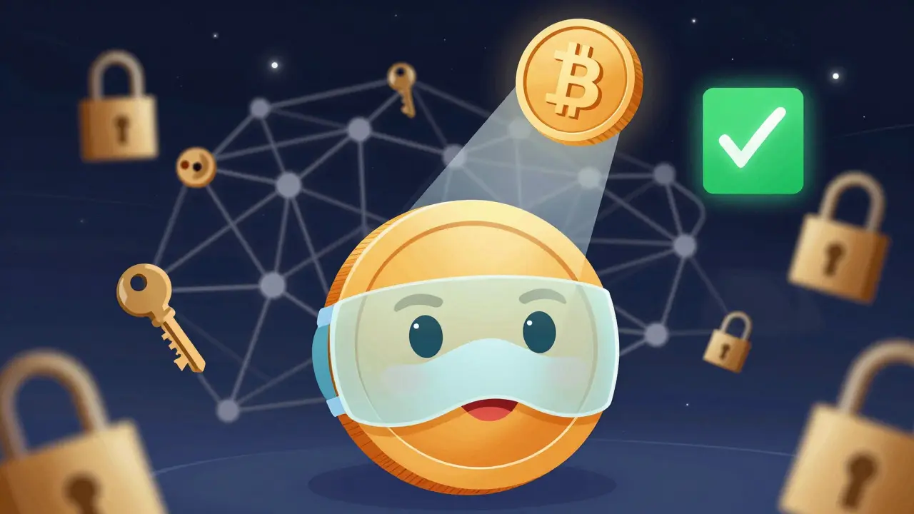Cartoon depicting a privacy coin with a semi-transparent mask passing through a compliance scan