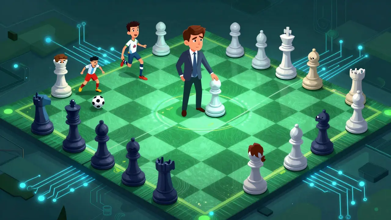 Cartoon depiction of a manager placing a player piece on a glowing, circuit-patterned strategy board