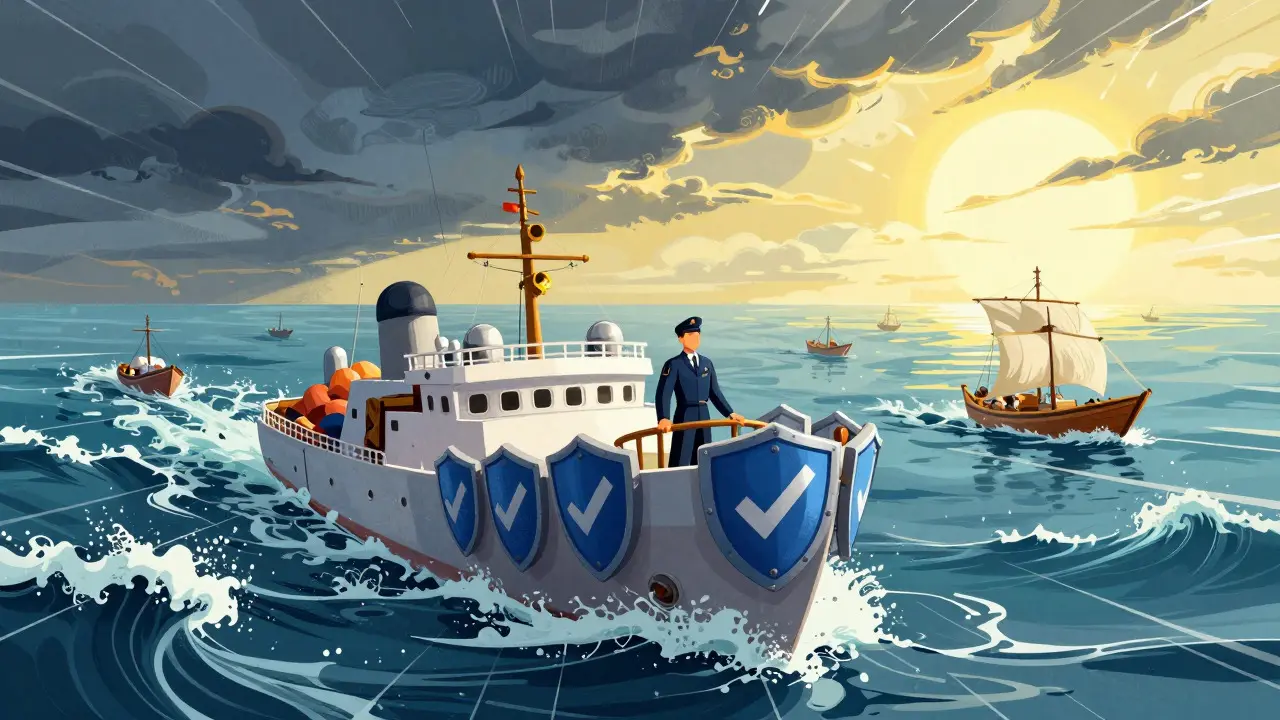 Cartoon depiction of a regulated finance ship navigating towards a stable, bright future market
