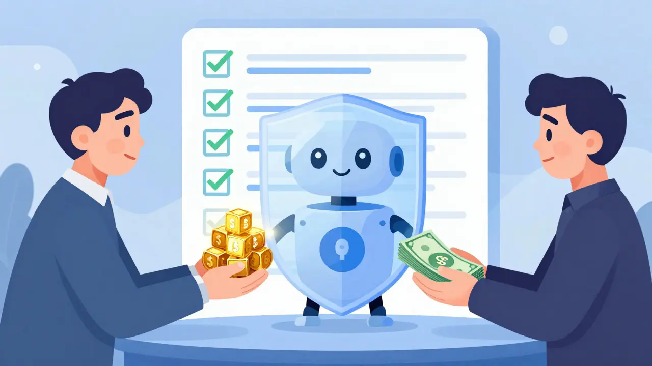 Cartoon depiction of a secure, instant asset exchange facilitated by a robot