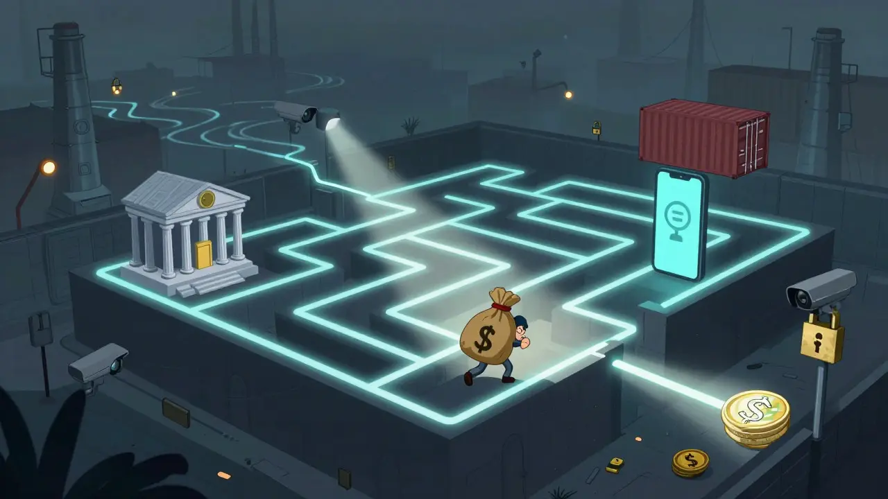 Cartoon depiction of a trader navigating a complex, obstacle-filled financial maze