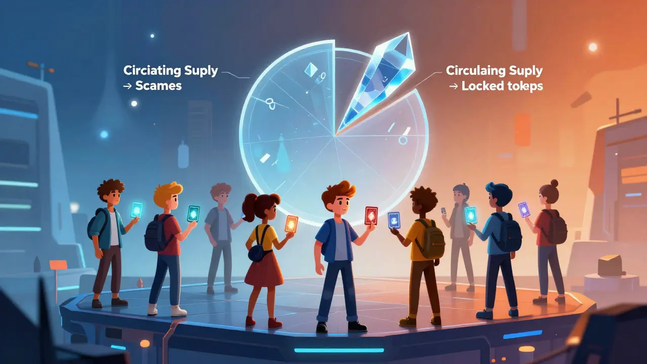 Cartoon gamers holding NFTs on a blockchain platform with a supply pie chart backdrop.