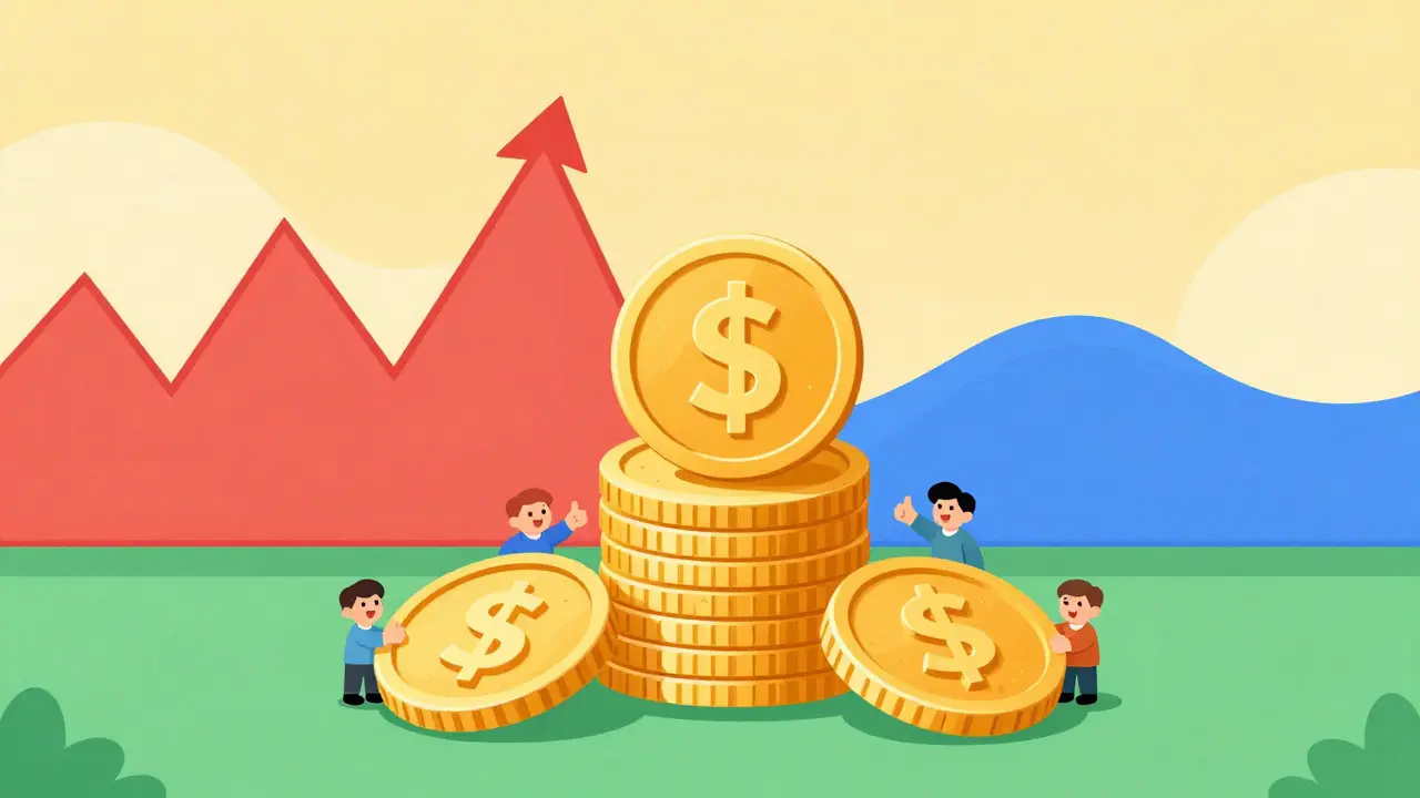 Cartoon illustration of stable gold coins on a flat surface contrasting with a volatile red graph and a smooth blue curve