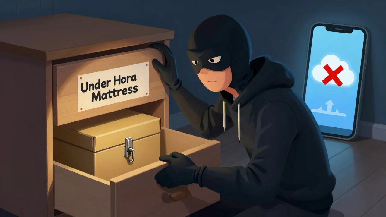 Cartoon of confused thief finding empty hiding spot while secure box remains hidden