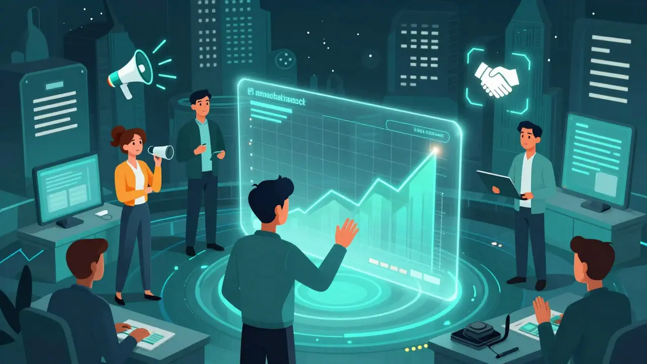 Cartoon scene of users engaging with advanced DeFi tools and community programs in a futuristic setting
