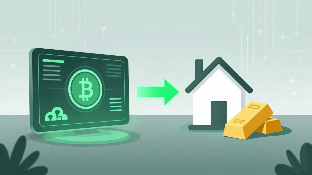 Conceptual art merging crypto assets with physical real estate for collateral