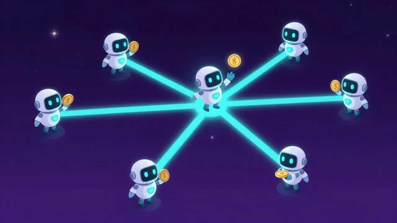 Conceptual art of a glowing web network where friendly robots exchange coins, representing DAG technology