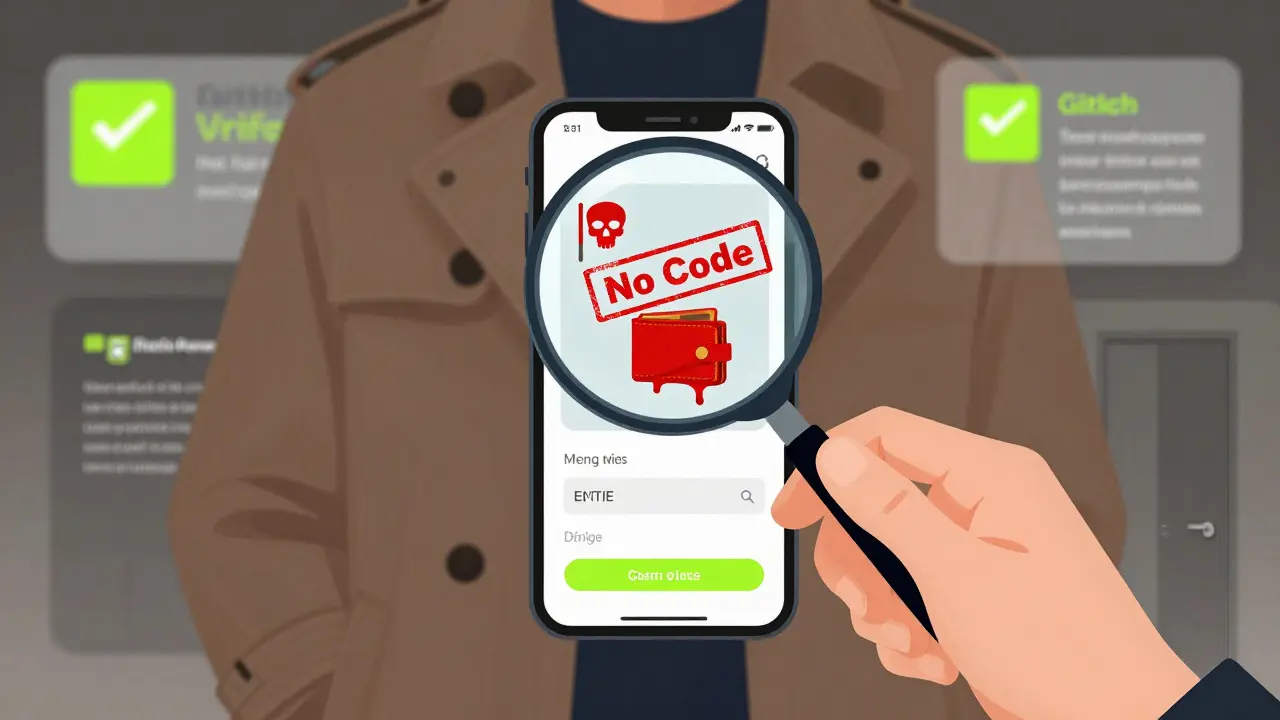 Detective examining crypto app with magnifying glass revealing red flags