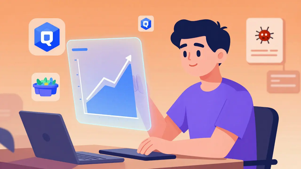 Editorial illustration of a user earning high yields via FlatQube farming pools and QUBE tokens.