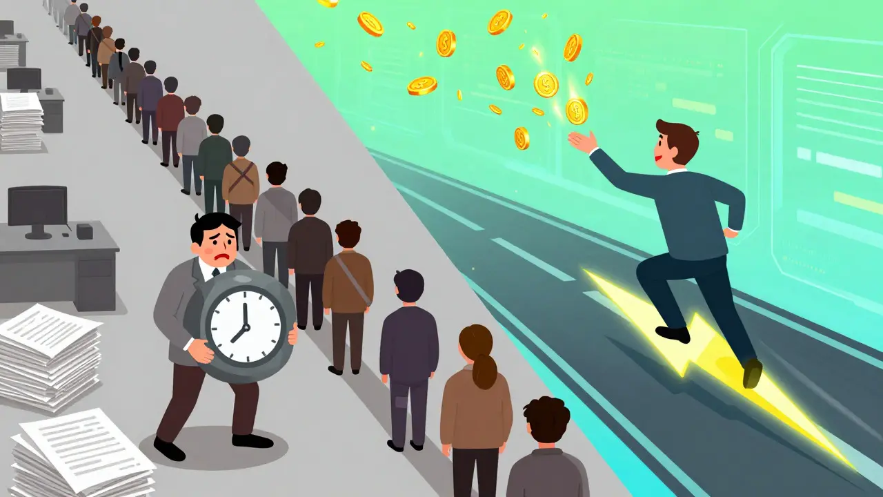 Illustration comparing slow traditional property sales with fast tokenized trading