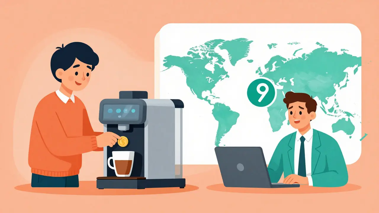 Illustration of a person paying a smart machine and a global payment, highlighting fast, free micro-transactions