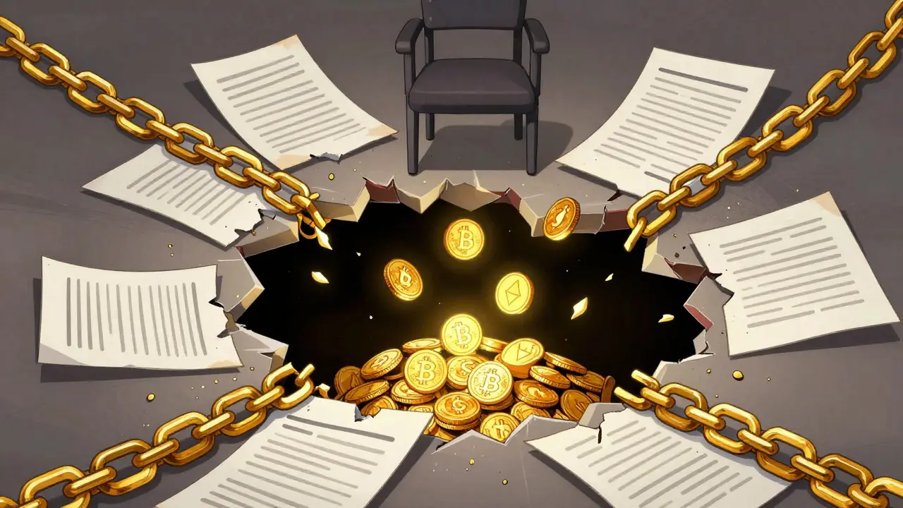 Illustration of digital coins falling through a broken safety net into a dark abyss