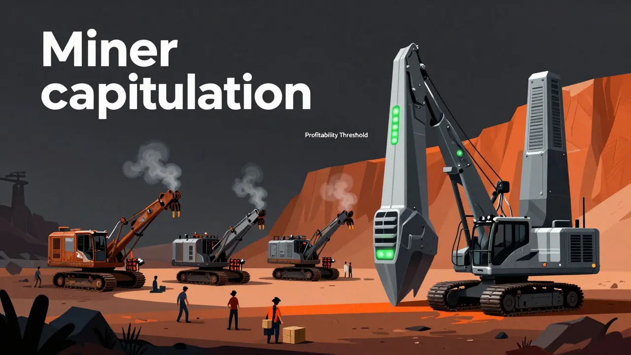 Illustration of efficient miners surviving while outdated ones fail