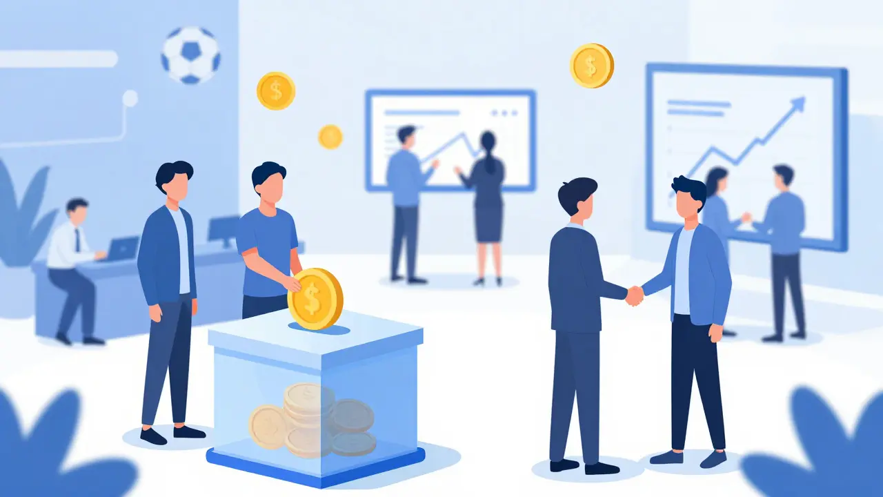Illustration of people voting and interacting in a digital exchange lobby to earn soccer tokens