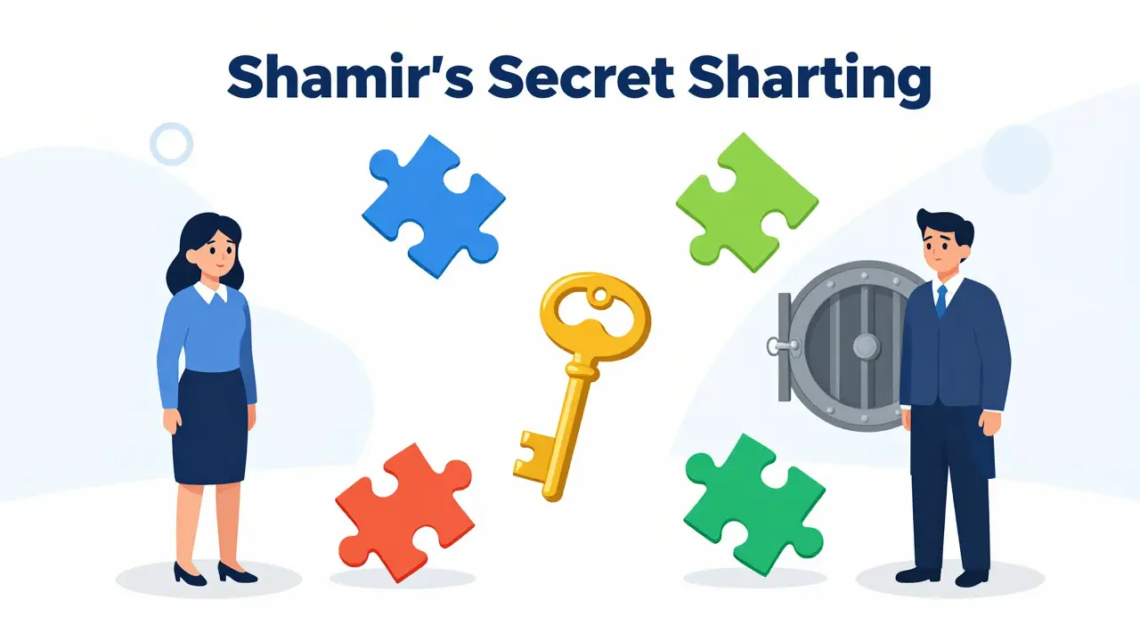 Illustration of seed phrase splitting into shares distributed to family and lawyers