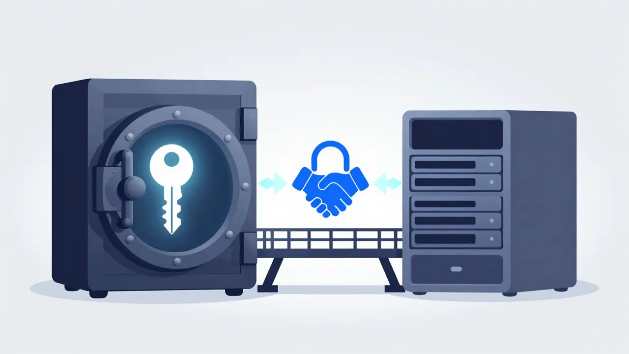 Illustration showing a secure vault holding a key connected to a server via a light bridge, symbolizing non-custodial security