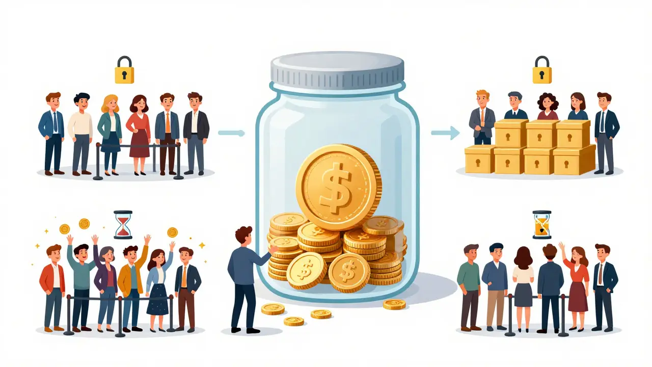 Illustration showing different investor groups and token unlocking schedules in a vault