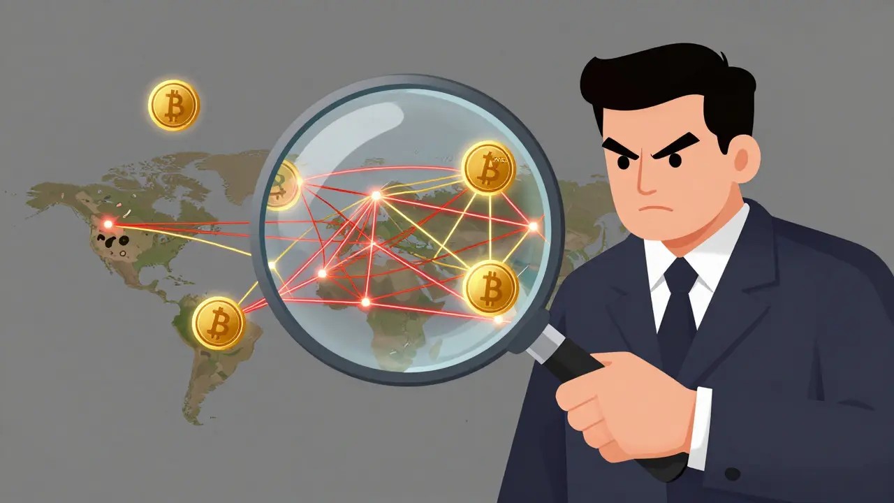 Magnifying glass revealing a complex web of cross-border crypto transactions