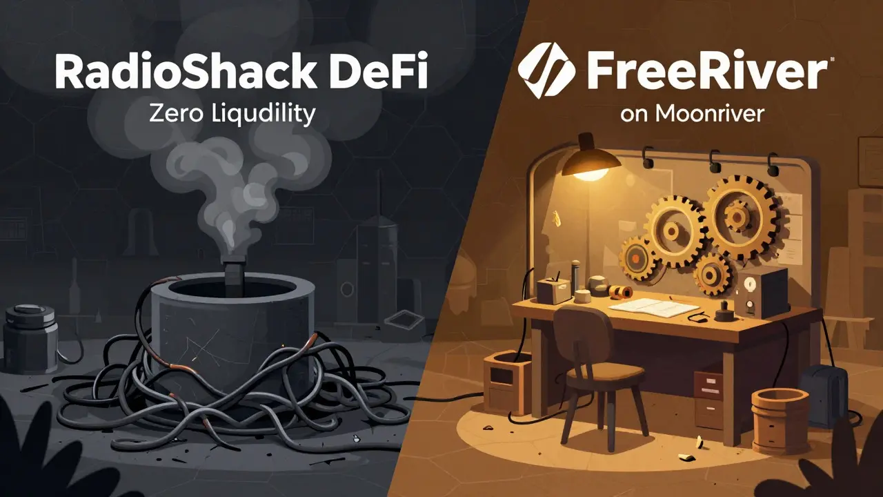 Split illustration comparing fake RadioShack scam to real FreeRiver DEX