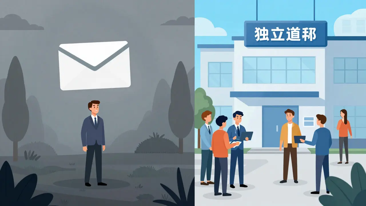 Split illustration comparing isolated user in fog versus supported users in a bright building