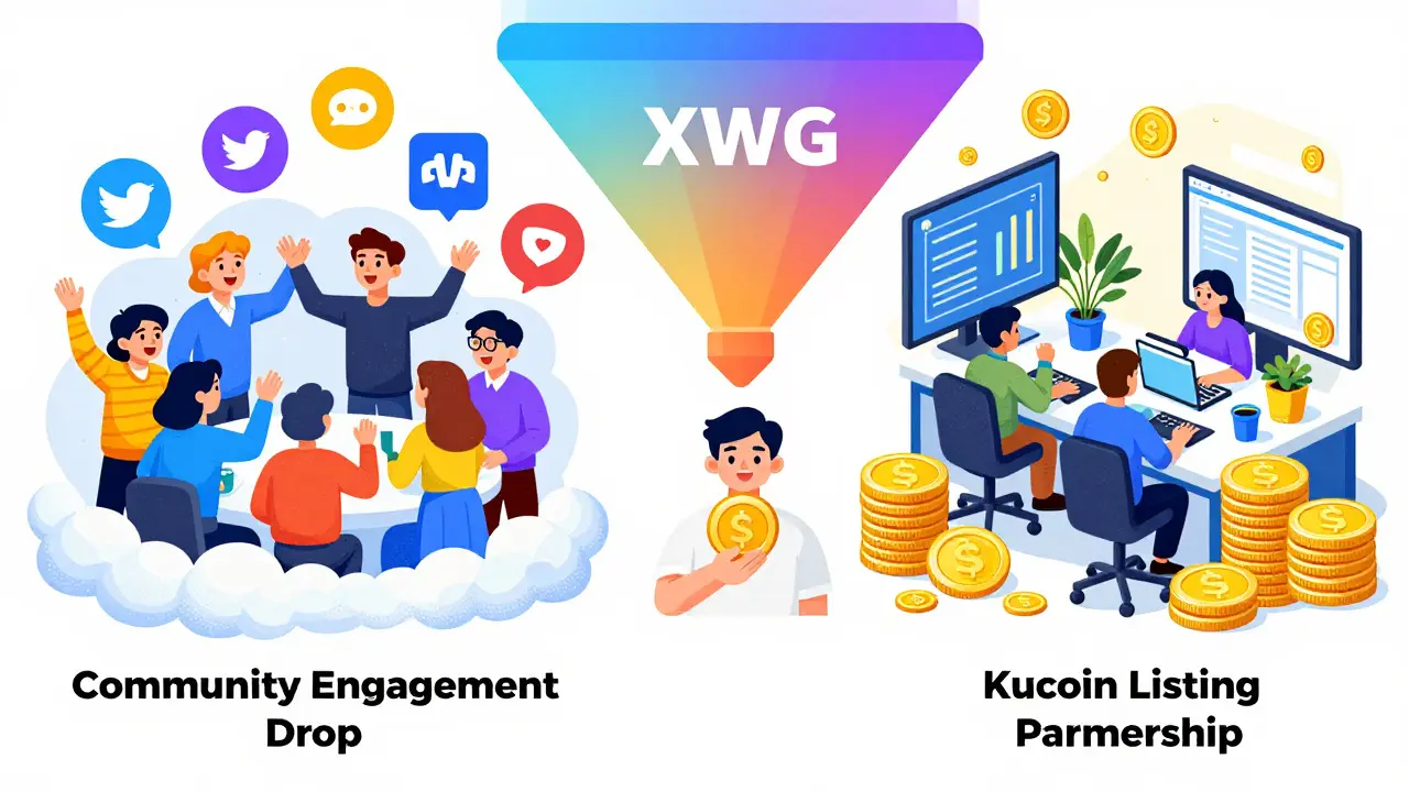 Split scene showing social media community engagement and exchange trading for XWG.