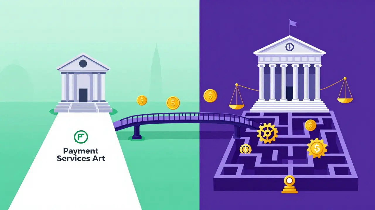 Split-screen editorial illustration comparing simple payment regulations with complex securities laws