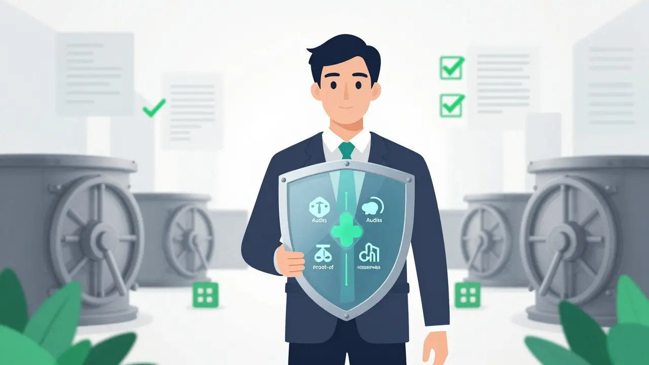 Trader holding a shield of security audits in a clean, compliant environment.