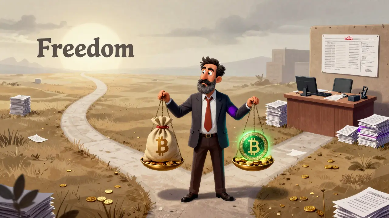 Trader weighing crypto assets against tax obligations at a crossroads