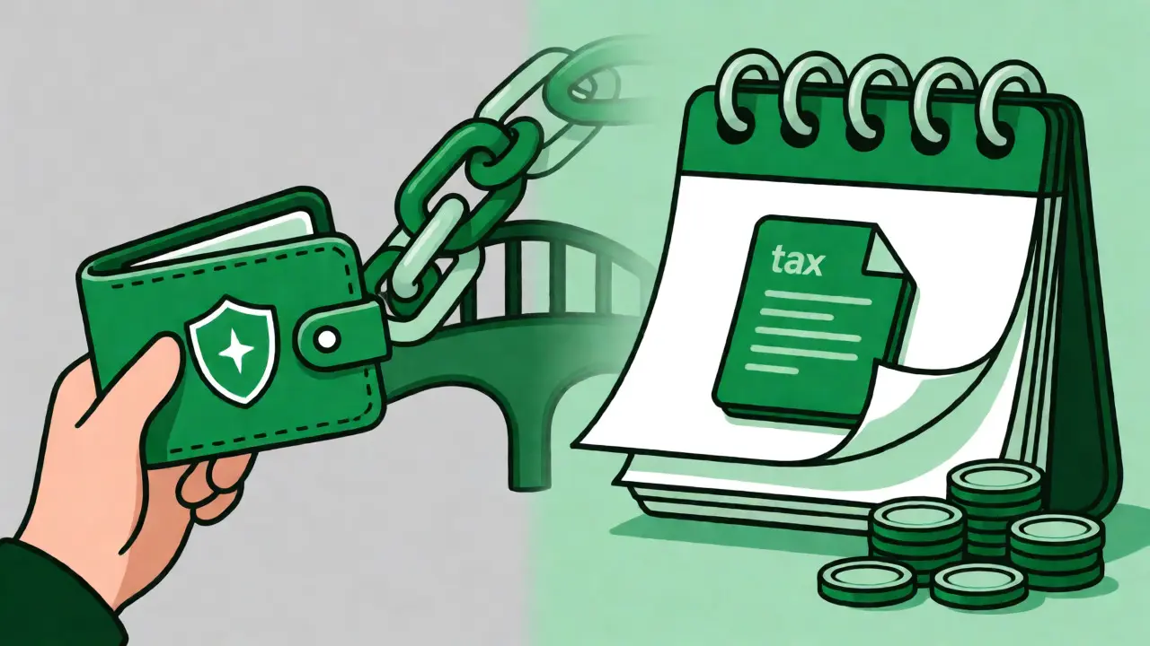 User connecting wallet securely alongside icons representing taxes and verification.