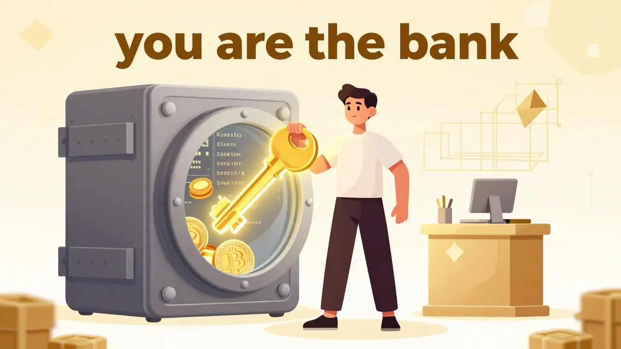 User holding a glowing key in front of a transparent crypto vault