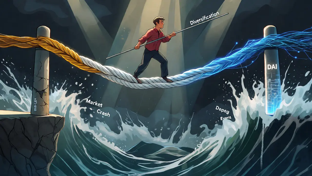 A tightrope walker balancing on a rope made of USDT, USDC, and DAI threads over market volatility.