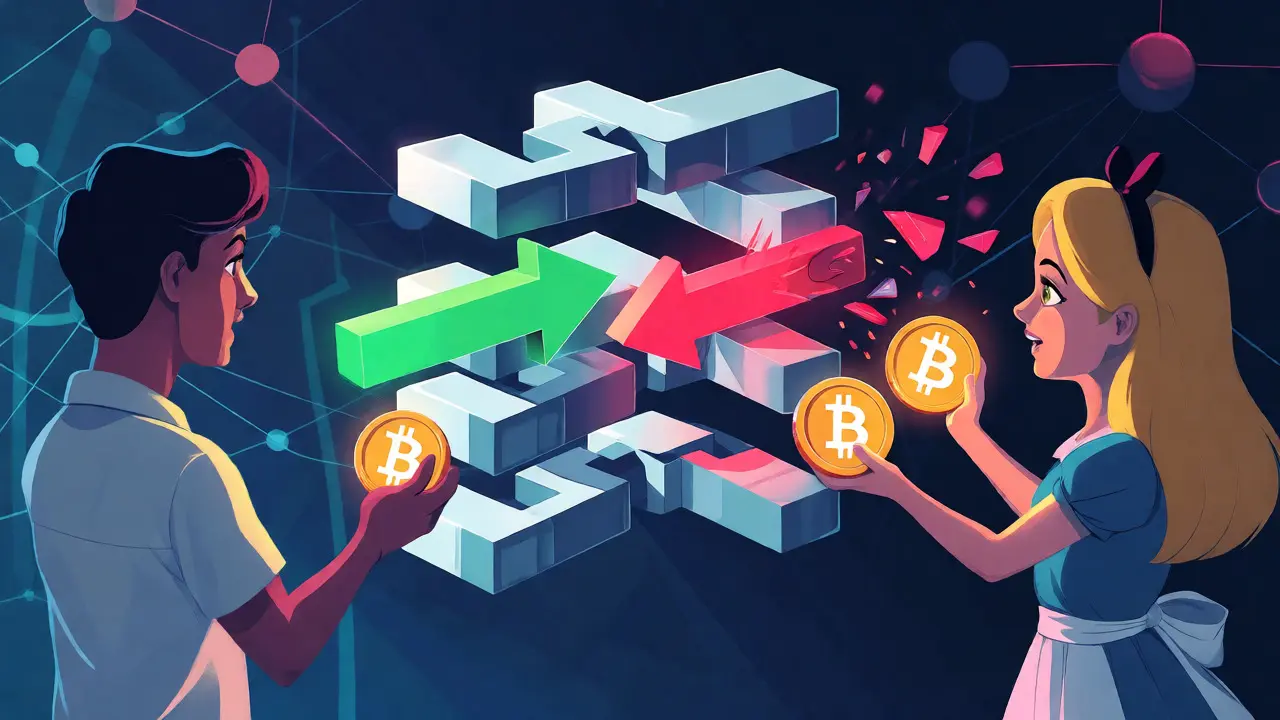 Alice attempting to spend same Bitcoin twice, with one transaction rejected by blockchain.