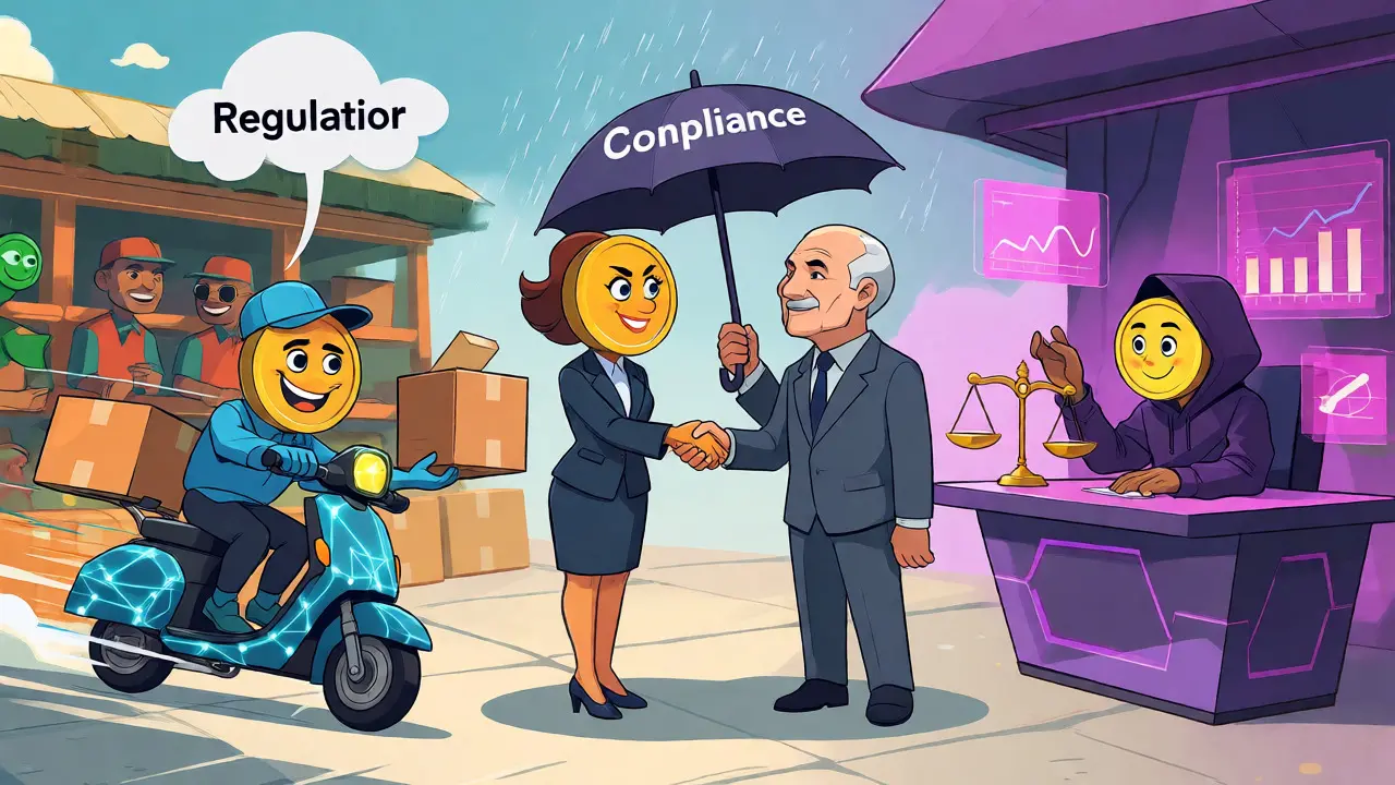 Anthropomorphic stablecoin characters interacting with traders, bankers, and DeFi users.