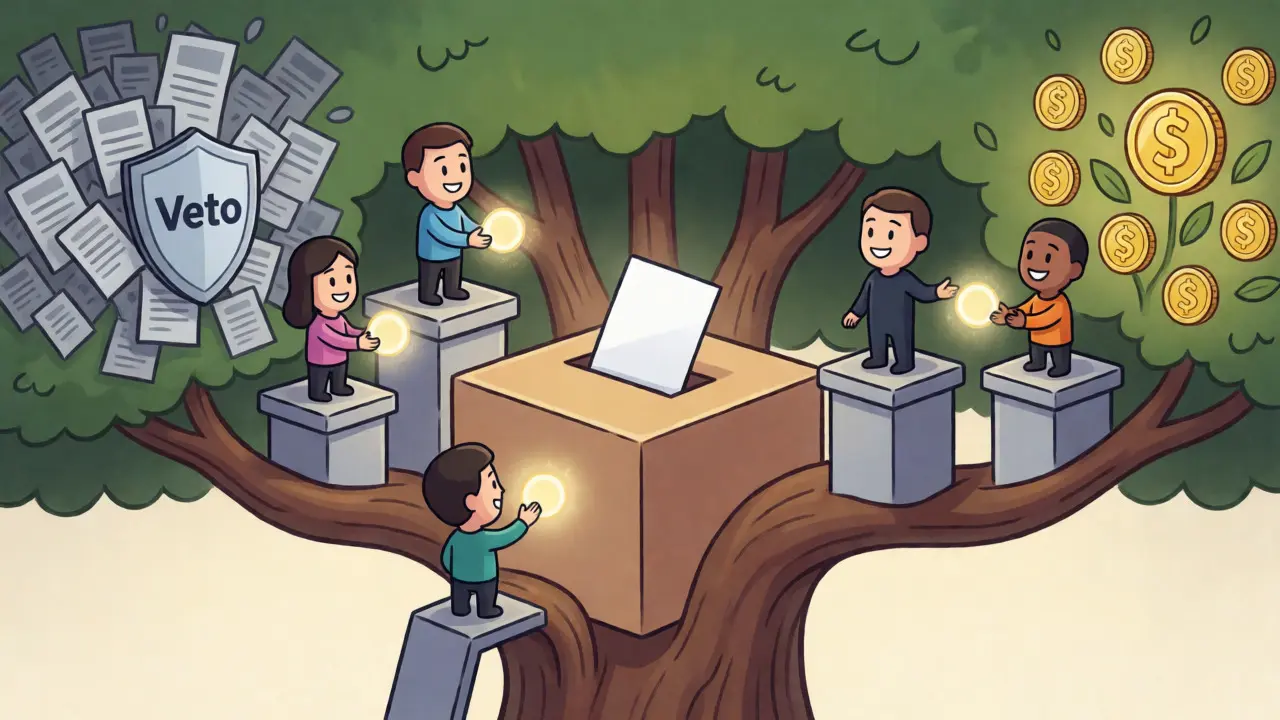 Avatars delegating voting power in liquid democracy governance tree