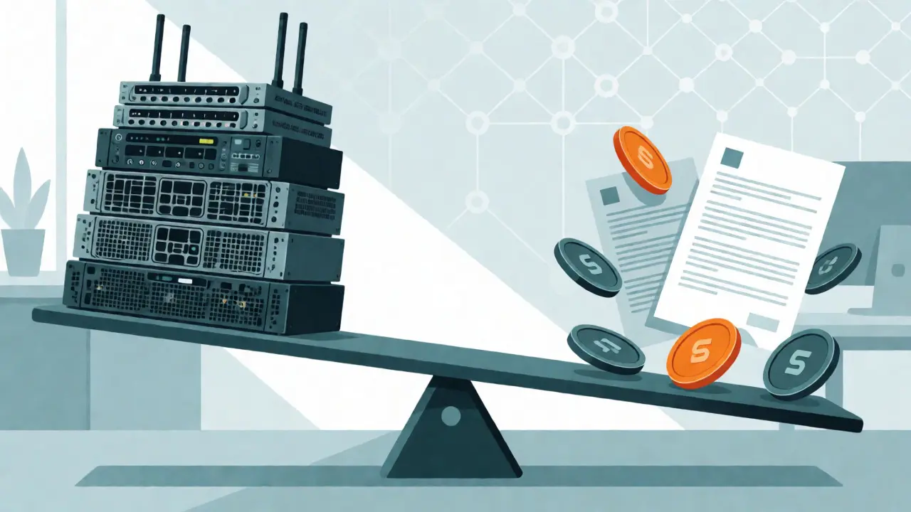Balanced scale weighing hardware infrastructure against token utility