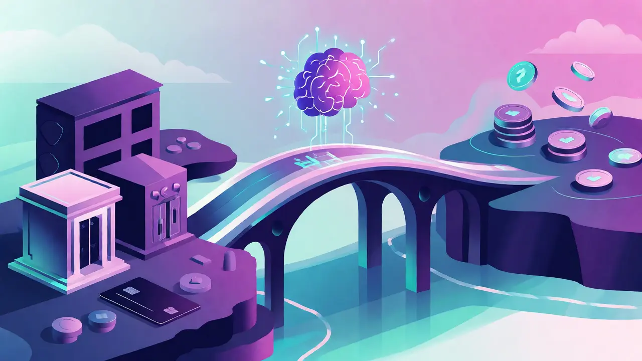 Bridge connecting traditional banking to decentralized finance via AI