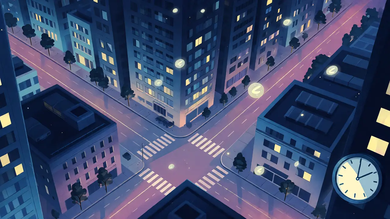 Calm night cityscape illustration representing low-congestion off-peak crypto transaction times.
