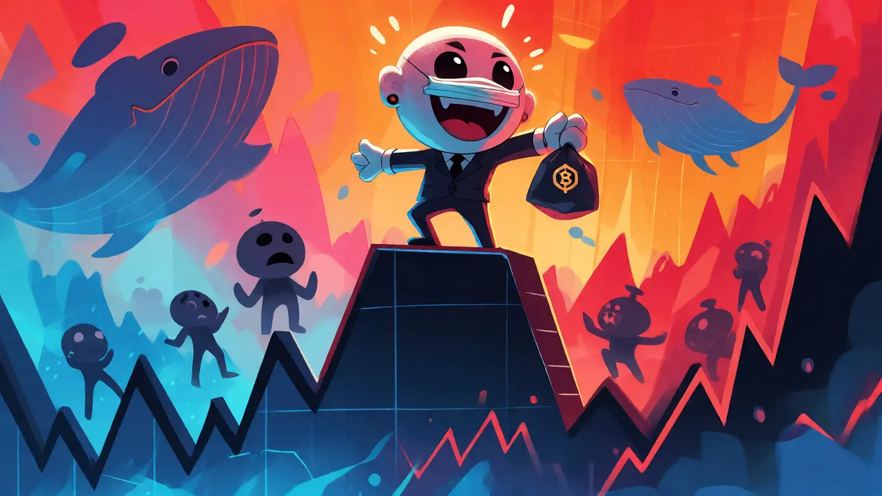 Cartoon character riding a volatile crypto price chart rollercoaster with whales in background.