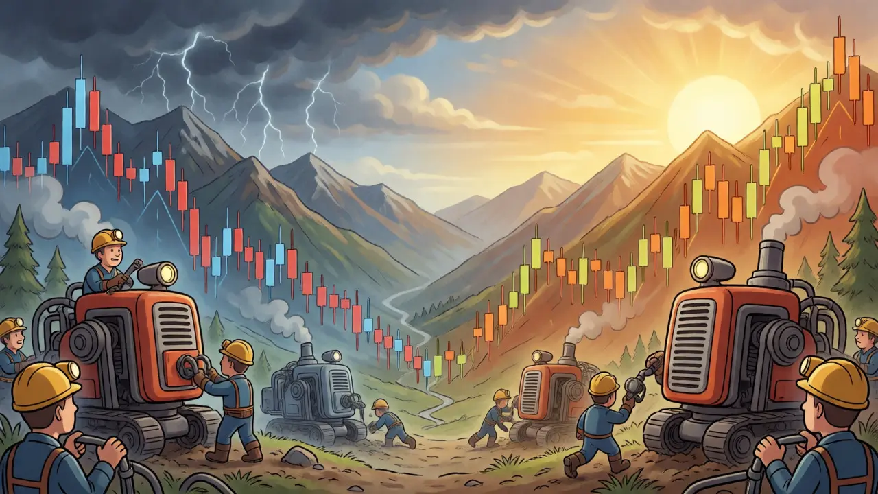 Cartoon miners operating rigs on a chart-shaped mountain, showing market cycles and miner efficiency.
