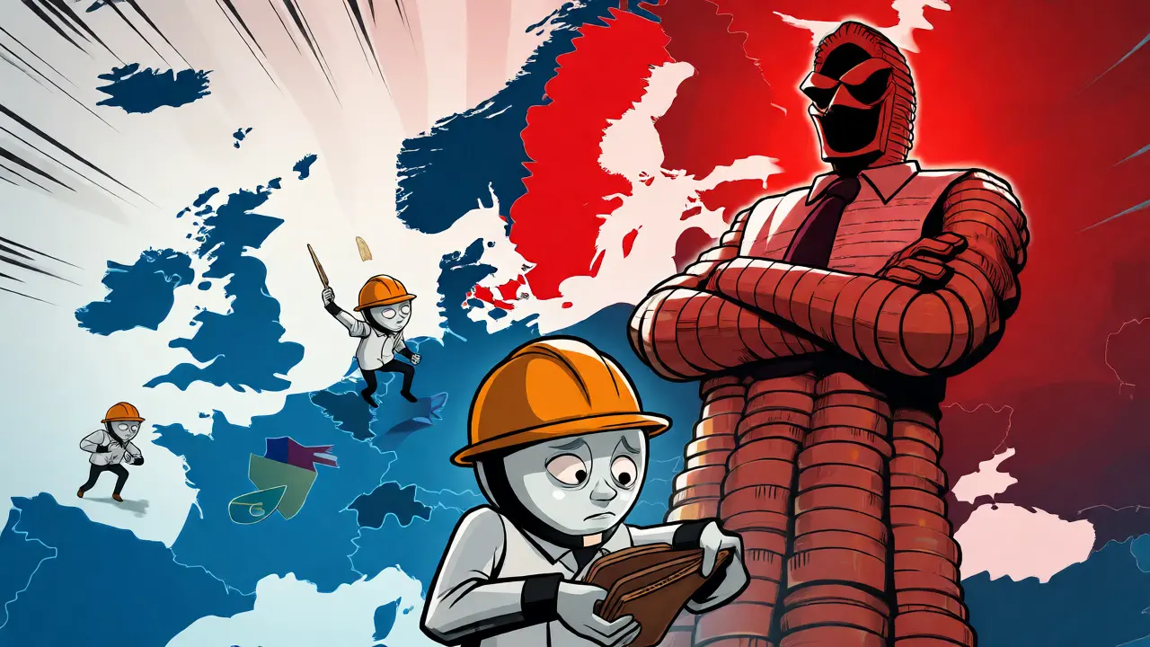 Cartoon of a distressed miner facing a giant tax authority figure in Sweden.
