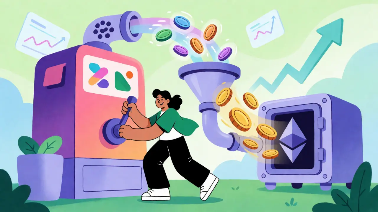 Character operating a machine converting tokens for DeFi yield farming across chains.