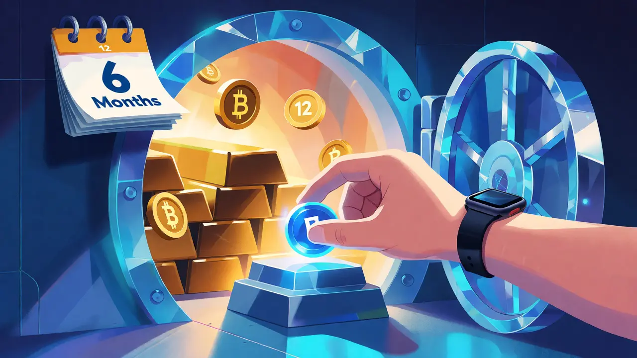 Conceptual art of placing tokens into a glowing crystal vault for staking rewards