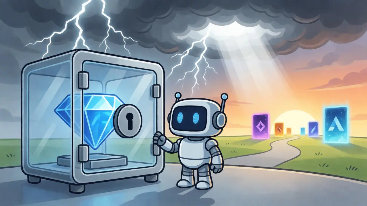 Conceptual art showing a secure vault for assets with a path to multi-chain expansion.