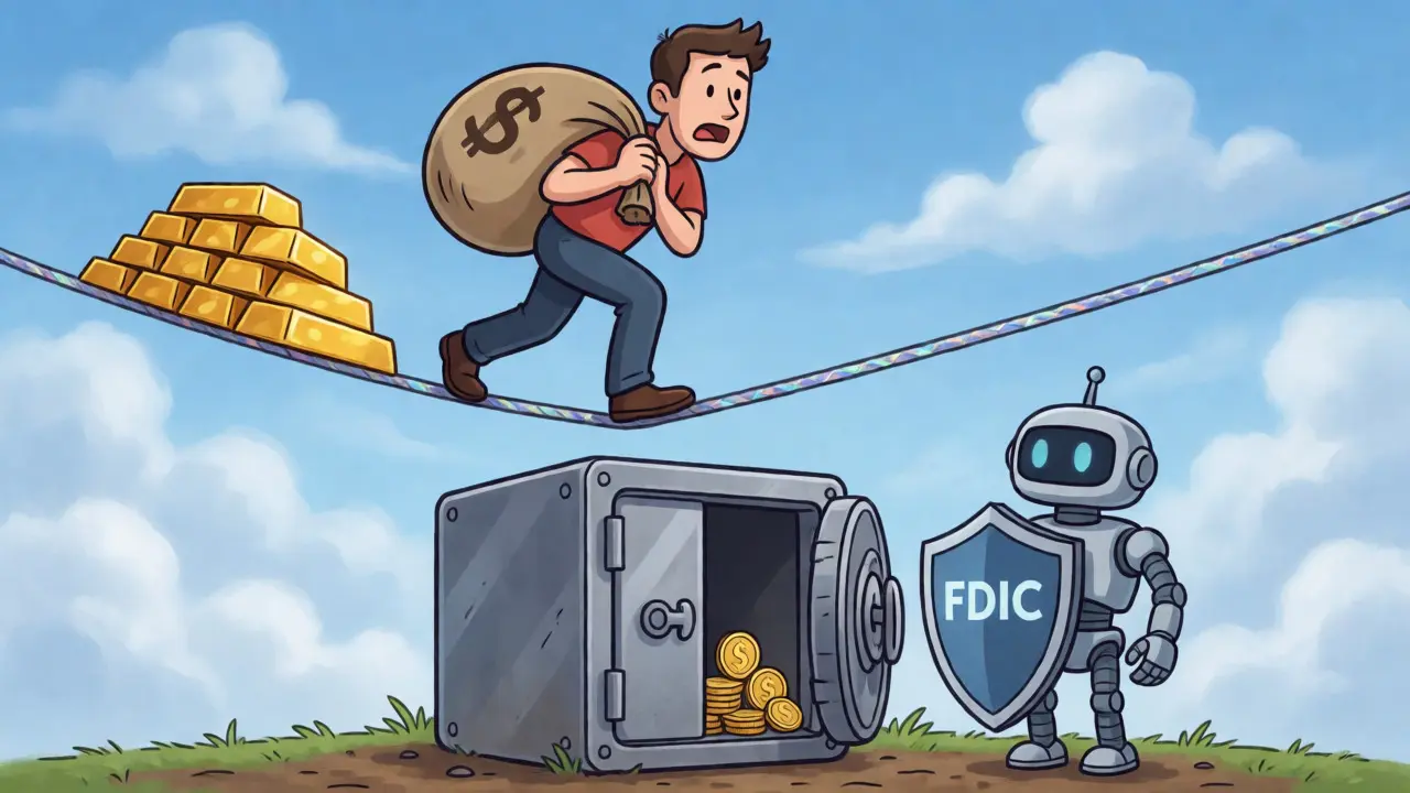 Conceptual cartoon of balancing high DeFi yields on a tightrope against the safety of bank vaults.
