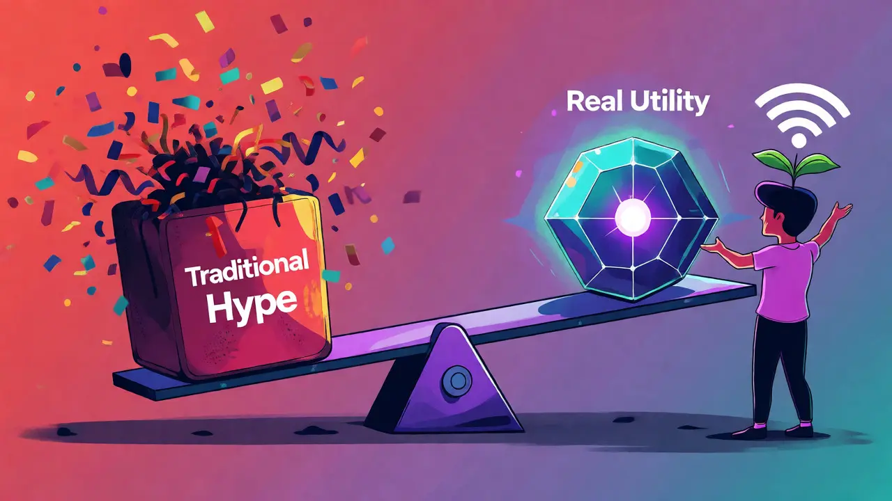 Conceptual illustration comparing crypto hype versus real utility with a balance scale