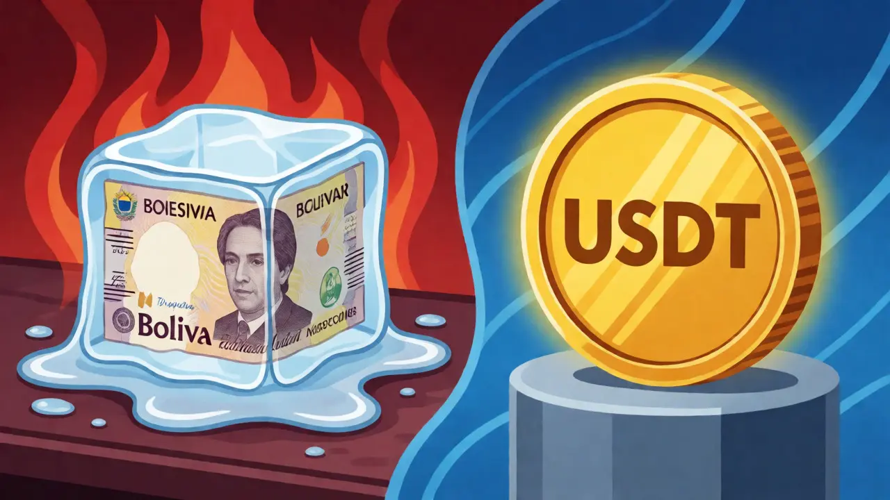 Conceptual illustration contrasting a melting bolivar note with a stable USDT coin.