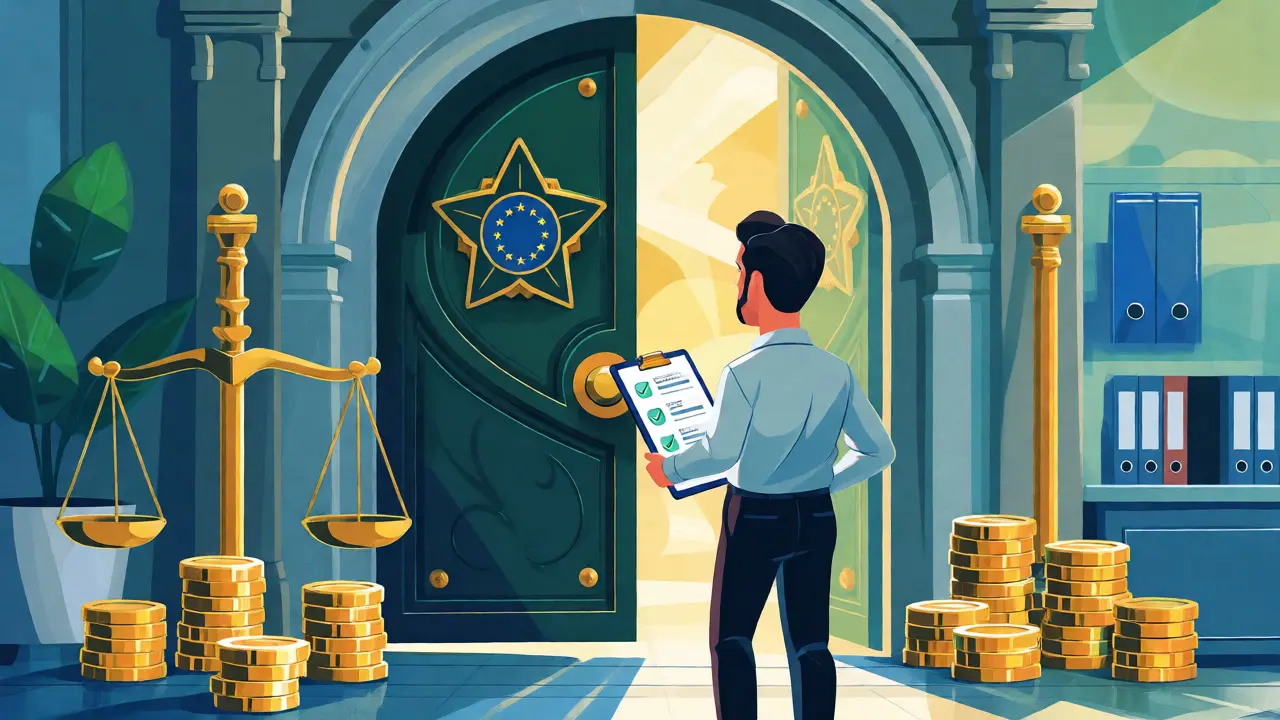 Crypto business figure approaching a secure EU licensing gateway with compliance checks.