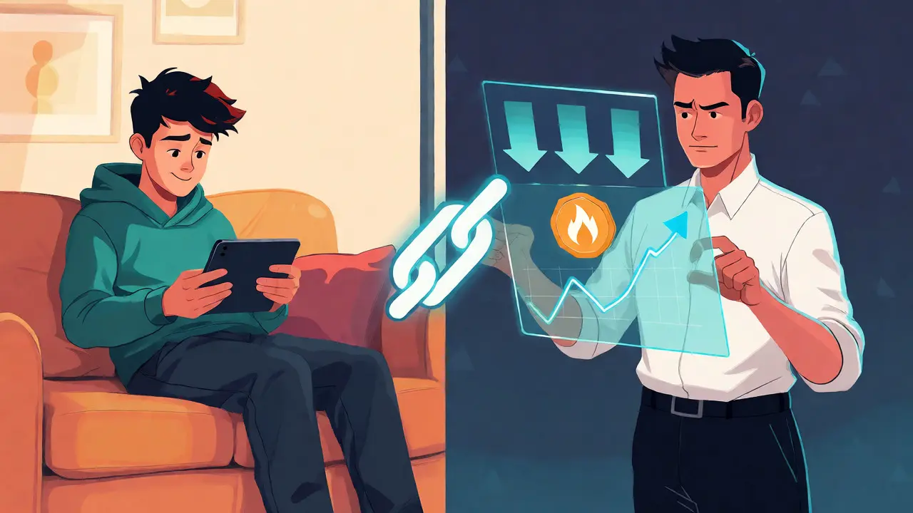 Editorial art contrasting casual mobile gaming with crypto tokenomics mechanics.