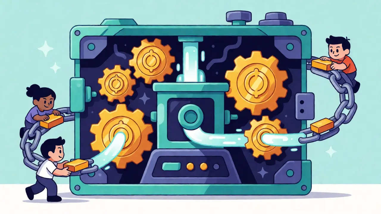 Editorial cartoon depicting DEX mechanics with coin gears and users building a blockchain ledger.